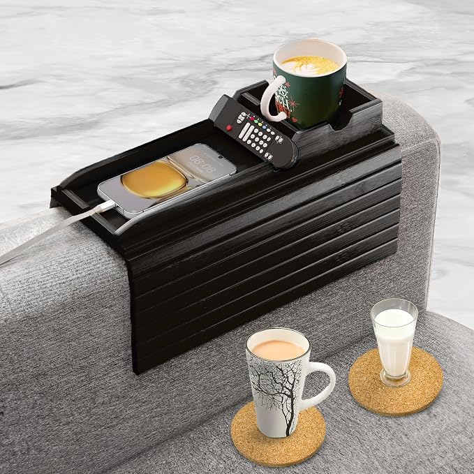 Couch Cup Holder Tray with 2 Cork Coasters, Couch Arm Tray, 2 in 1 Anti-Slip Foldable Sofa Arm Tray, Couch Armrest Table, Anti-Spill Couch Arm Table for Drinks TV Remote Cellphone Snacks (Black)