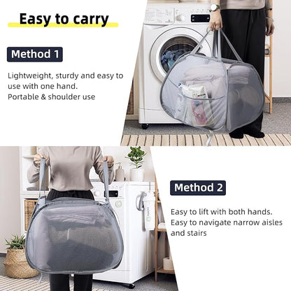 Collapsible Laundry Basket, 90L Foldable Pop Up Laundry Hamper with Handles, Mesh Dirty Clothes Hamper for Laundry, Bathroom, Kids Room, Dorm,Travel or Camping (Beige, 2PCS)