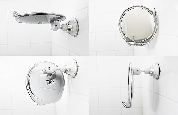 JiBen Fogless Shower Mirror with Power Locking Suction Cup, Built-in Razor Hook and 360 Degree Rotating Adjustable Arm, Personal Fog Free Bathroom Shaving Mirror (Chrome)