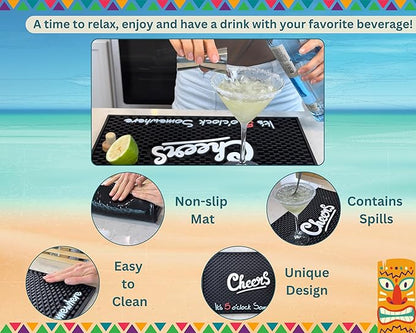 Cheers It's 5 o'clock Somewhere Tiki Bar Mats for Countertop 18 x 12in, Tiki Decor Cheers Sign for Bar Cart Decor and Essentials, Silicone Coffee Mat and Coffee Matt for Counter, Drink Signs for Party