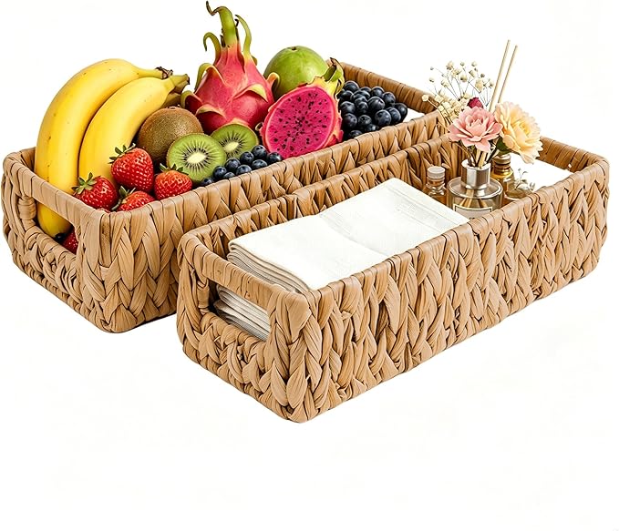 Wicker Toilet Tank Basket, Natural Rectangle Water Hyacinth Storage Baskets, Handwoven Rattan Paper Baskets Organizer with Handles for Bathroom, Kitchen, Living Room Decor, 2-Pack
