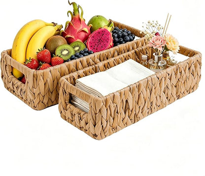 Wicker Toilet Tank Basket, Natural Rectangle Water Hyacinth Storage Baskets, Handwoven Rattan Paper Baskets Organizer with Handles for Bathroom, Kitchen, Living Room Decor, 2-Pack