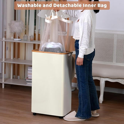 Laundry Hamper with Wheels,110L Laundry Basket with lid Rolling Clothes Basket Foldable Dirty Clothes Hamper on wheels with Bamboo Frame and Bag for Bedroom, Dorm, Laundry Room,Beige(29 Gal)
