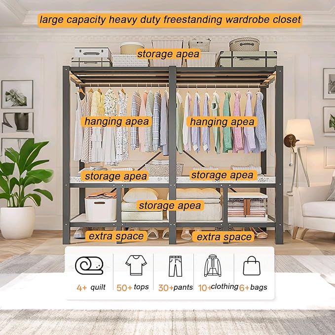 66.1in Foldable Portable Wardrobe Closet, Heavy Duty Garment Rack with Cover, Freestanding Covered Metal Clothes Rack, Armoire Portable Wardrobe Closets For Hanging Clothes (black, 66.1in/168cm)
