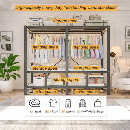 49.2in Portable Wardrobe Closet for Hanging Clothes Folding Heavy Duty Clothes Rack with Cover Large Covered Freestanding Foldable Closets Bedroom Armoire Storage Garment Racks (black, 49.2in/125cm)