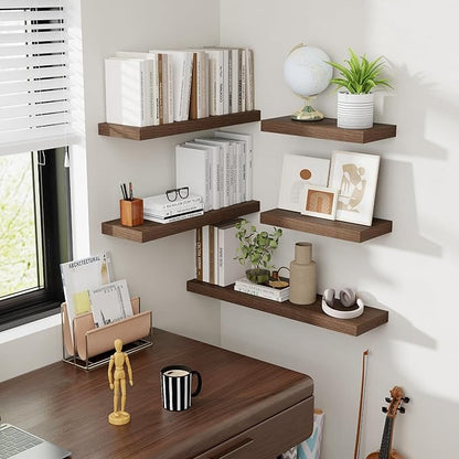 Acovy 36 Inch Floating Shelves, 8 Inch Deep Floating Shelves for Wall, Hanging Shelf with Invisible Brackets, Deep Shelves for Bathroom, Bedroom, Living Room, Walnut, Set of 2