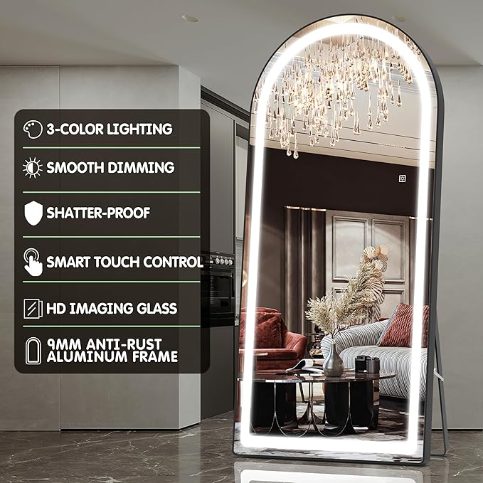 FENNIO Full Length Mirror with Lights, 80" x 36" LED Full Body Mirror, Free Standing Lighted Floor Mirror, Wall Mounted Hanging Mirror for Bedroom, Salon, Dimmable, 3 Color Lighting [Tempered Glass]