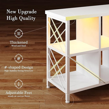 6 Cube Storage Organizer with LED Light and Charging Station, Wood and Metal Cube Shelf, White Horizontal Book Shelf for Bedroom, Home Office