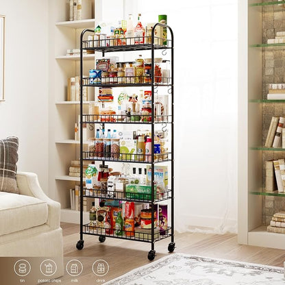 6-Tier Slim Storage Cart, Rolling Kitchen Cart with Wheels, Narrow Metal Shelf Organizer with Hooks for Kitchen, Bathroom, Living Room, Laundry, Small Spaces (Black, 10 in)
