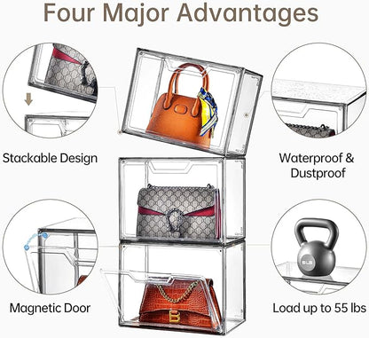 Purse Organizer for Closet,Clear Acrylic Display Case for Handbag Organizer, Purse Storage Box with Magnetic Door, Dustproof Storage Bins for Book, Collectibles, Cosmetic (Grey, 5)