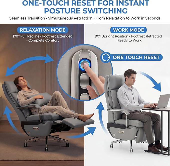 Dual Motor Executive Home Reclining Office Chair with Footrest - One-Click Electric Recline with Massage & Pillow Support Big and Tall PU Leather Ergonomic Desk Chair, High Back Wide Seat (Gray)