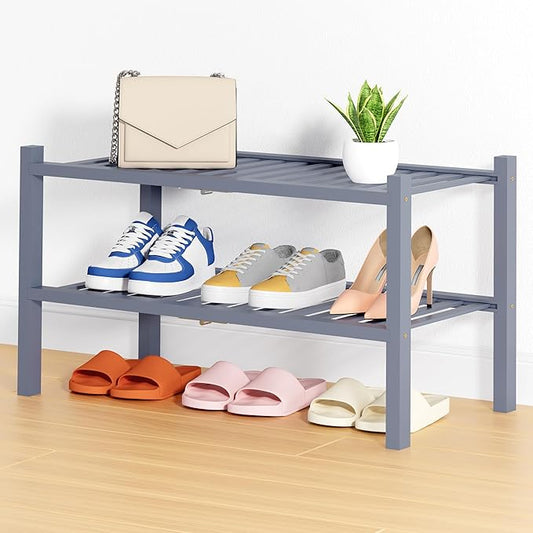 Smiry Bamboo Shoe Rack, 2 Tier Free Standing Wooden Shoe Organizer, Stackable Wood Shoe Storage Shelf for Closet, Entryway, 14 Vertical Slats, One-piece Heavy-Duty Legs, 26.8"x11"x13", Grey