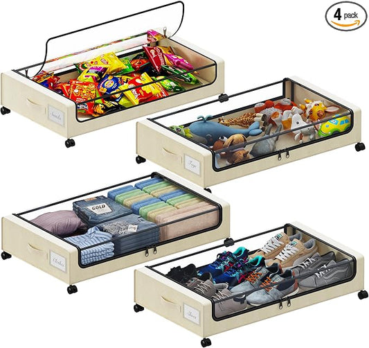 Tututry Under Bed Storage with Wheels, XXL 60L Under the Bed Storage Bins, Underbed Storage Containers with Lids & Label, Rolling Metal Drawer for Shoes, Clothes, Books, Toys (4-Pack Beige)