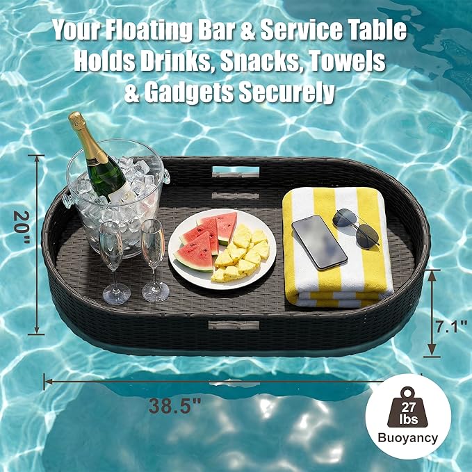 Greesum Wicker Pool Floating Tray, 38”x20” Oval Portable Serving Tray for Holding Fruits, Drinks & Essentials, Suitable for Pool Activities, Bathtub, Hot Tub, Beach Parties, Black