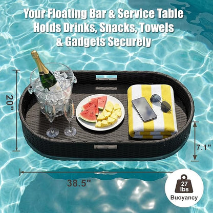 Greesum Wicker Pool Floating Tray, 38”x20” Oval Portable Serving Tray for Holding Fruits, Drinks & Essentials, Suitable for Pool Activities, Bathtub, Hot Tub, Beach Parties, Black