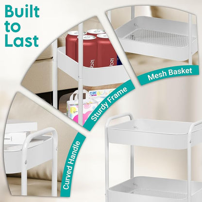 ZOES HOMEWARE 3 Tier Rolling Cart, Metal Utility Cart with 4 Hooks, Rolling Storage Cart on Wheels, Small Organizer Cart for Nursery, Kitchen, Living Room, Bathroom, White