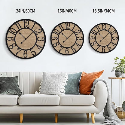 LEIKE Large Wall Clocks Living Room Decor,Non Ticking Silent,Battery Operated Small Round Modern Wood Wall Clock for Bedroom,Kitchen,Farmhouse,Office Vintage Home Decor-13.5" -Arabic Number