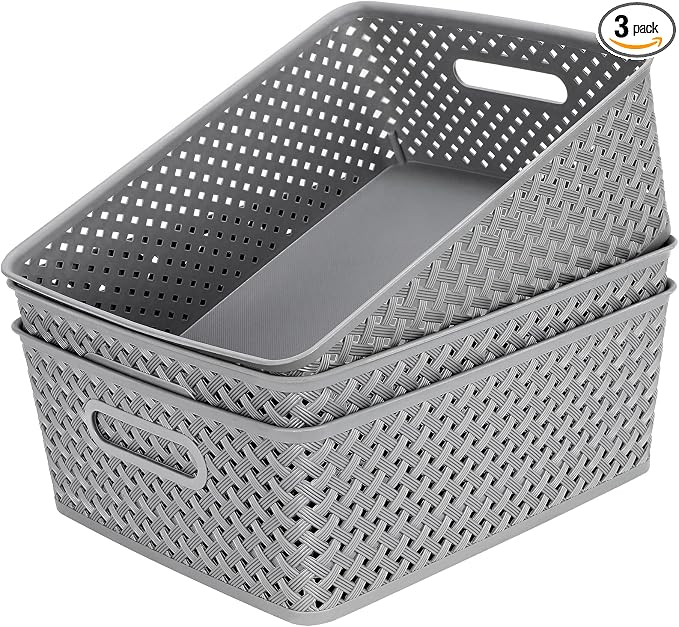 MaxGear 3 Pack Plastic Storage Baskets, Large, Grey | Durable Woven Plastic with Built-In Handles, Suitable for Shelves, Closets, Cabinets, Bathrooms and Offices