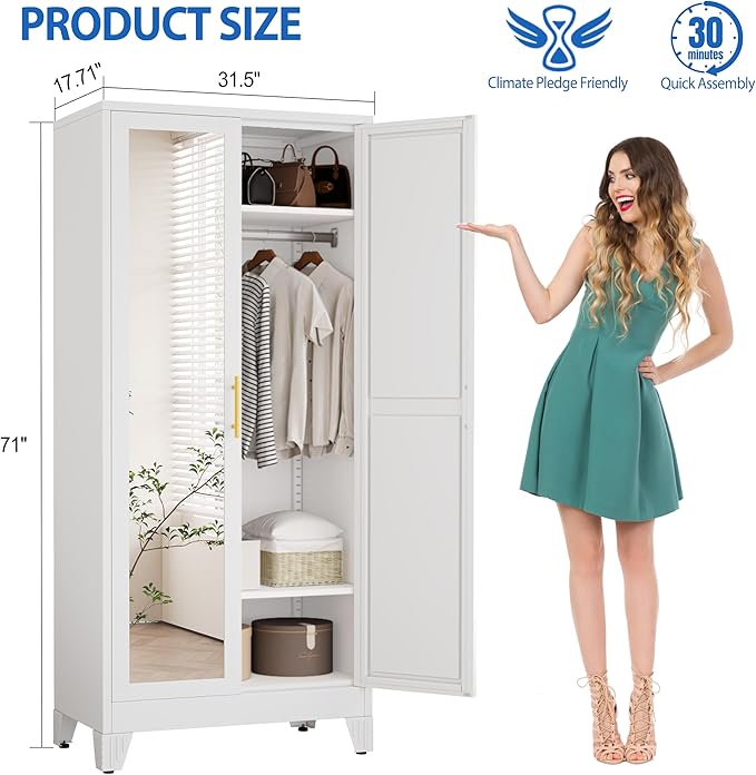 Metal Wardrobe Cabinet with Mirror and Hanging Rod, 71" Metal Clothing Storage Cabinets with 2 Doors and Adjustable Shelves, White Armoire Wardrobe Closet for Bedroom, Laundry Room, Cloak Room