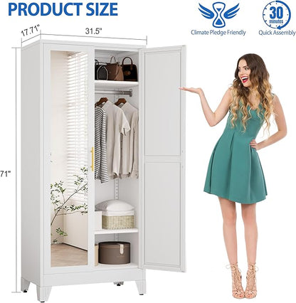 Metal Wardrobe Cabinet with Mirror and Hanging Rod, 71" Metal Clothing Storage Cabinets with 2 Doors and Adjustable Shelves, White Armoire Wardrobe Closet for Bedroom, Laundry Room, Cloak Room