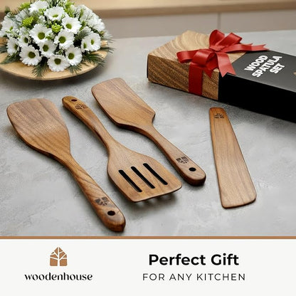 Wooden Spatula for Cooking, Teak Spatulas for Kitchen Use - Wooden Cooking Utensils Set of 4 including Paddle, Turner, Slotted Spurtle and Wood Scraper. Nonstick cookware.