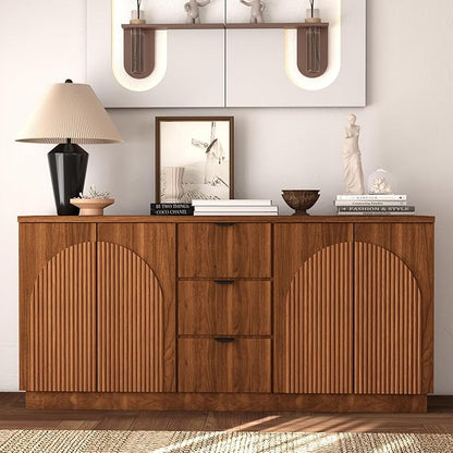Brafab 67" Mid Century Modern Style Storage Sideboard with 4 Arched Reeded Design Doors and 3 Drawers with Adjustable Shelves, Suitable for Living Rooms, Studies and Dining Rooms (Walnut, 2 PCS)
