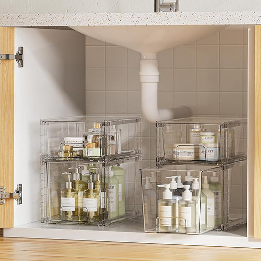 Vtopmart 8 Pack Clear Stackable Cabinet Organizers with Pull-Out Drawers, Clear Storage Drawers, 6 Medium and 2 Small for Under Sink, Pantry, Bathroom, Closet and Kitchen Storage