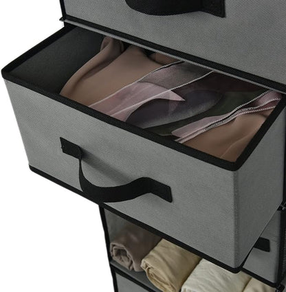 GRANNY SAYS 6-Shelf Hanging Closet Organizer, Separable to 2 Pack 3-Shelf, Closet Organization and Storage with 3 Different Drawers, 4 Side Pockets Wardrobe Clothes Organizer, Gray, 1-Pack