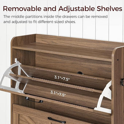 MAHANCRIS Shoe Storage Cabinet, Shoe Organizer with 2 Flip Drawers, Hidden Shoe Storage for Entryway, Freestanding Shoe Cabinet Organizer with Open Storages, Walnut SHWA9401
