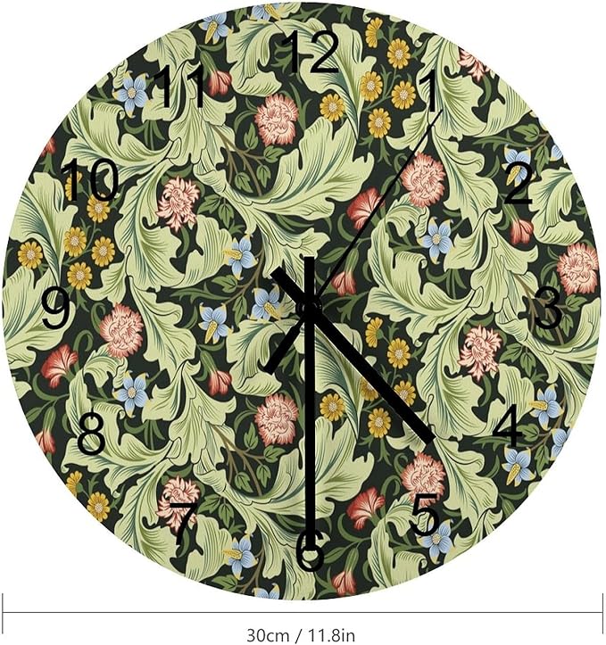 Retro Floral Wall Clock Silent Non Ticking Battery Operated, Vintage William Morris Style Garden Plants Herbs Flowers Botanical Clock Decorative for Bathroom Kitchen Bedroom Living Room(12 Inch)