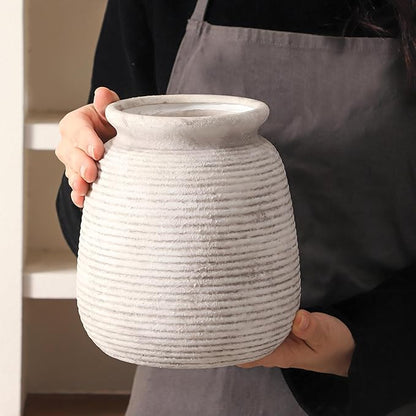 Ceramic Flower Vase, Rustic Farmhouse Decorative Vase Pottery Wide-Mouth Vases for Home Decor Table Entryway Mantel Bookshelf Living Room Bedroom Bathroom Kitchen - 7.48" D