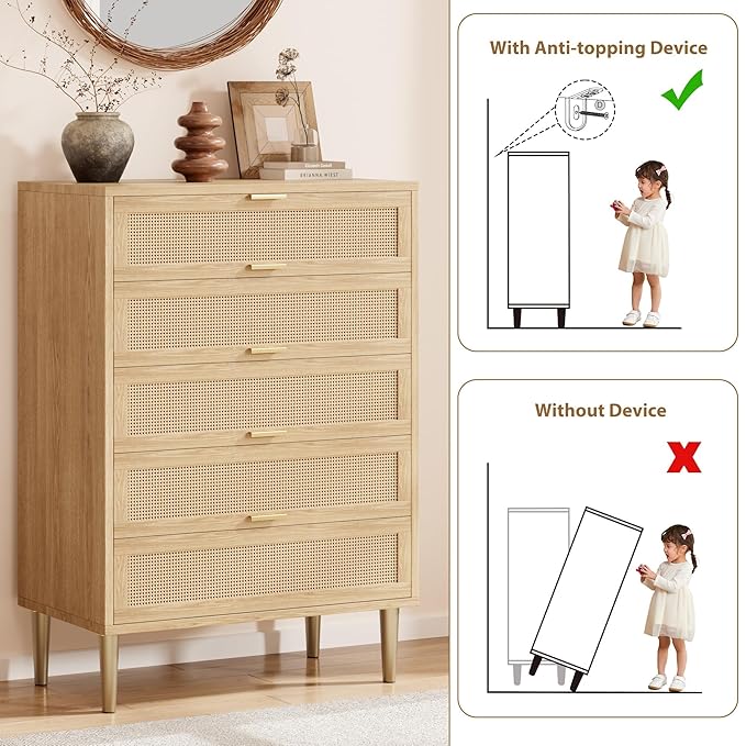 IDEALHOUSE Rattan 5 Drawer Dresser, 44''Tall Narrow Chest of Drawer, Farmhouse Wooden Vertical Dresser with Metal Legs and Handles, Modern Cabinet for Bedroom, Living Room, Oak
