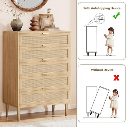 IDEALHOUSE Rattan 5 Drawer Dresser, 44''Tall Narrow Chest of Drawer, Farmhouse Wooden Vertical Dresser with Metal Legs and Handles, Modern Cabinet for Bedroom, Living Room, Oak