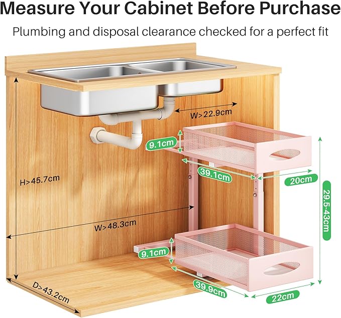 2 Pack Under Sink Organizer, 2 Tier Pull out Cabinet Organizer Mesh Baskets with 5 Adjustable Heights, Sliding Drawers Storage Shelf for Home, Kitchen, Bathroom, Pantry, Office, Countertop ,Pink