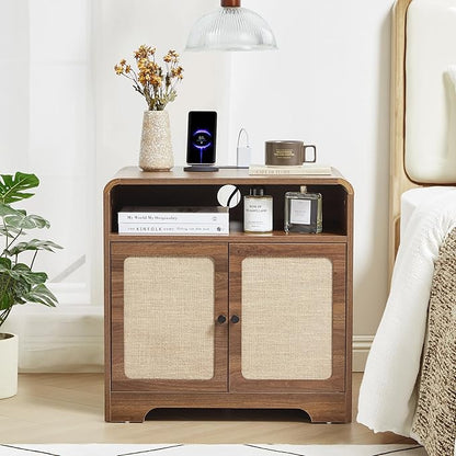 24" Large Side Table with Charging Station, Mid Century Modern End Table with USB/Type-C Ports, Curved Wood Nightstand with Storage & Natural Linen, Couch Side Table for Living Room Bedroom, Walnut