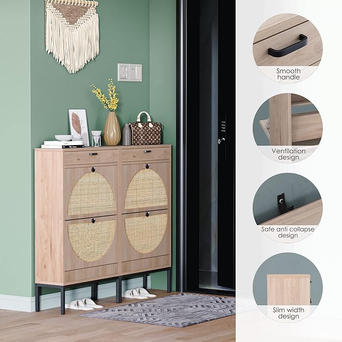 Yechen Shoe Rack Storage Organizer with 2 Natural Semi-Circular Rattan Doors, Entryway Wooden Shoe Cabinet for Sneakers, Leather Shoes, High Heels, Slippers (2 Piece, Oak)