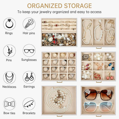 AKOZLIN 6-Tier Jewelry Box Organizer Functional 5 Drawers Leather Jewelry Storage Case for Women Girls Ring Necklace Earring Bracelet Holder Organizer with Mirror White