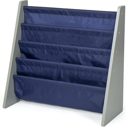 Humble Crew 4-Tier Kids Bookshelf, Grey Wood/Navy - Premium Book Shelf for Kids Rooms with Four Deep Pockets - Toddler Sling Book Rack with Deep Sleeves, Nursery Bookcase Organizer