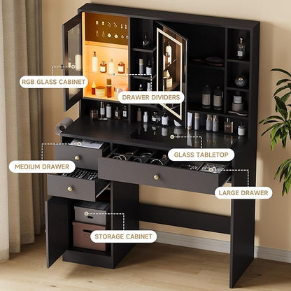 Vanity Desk with Mirror and Lights, Black Vanity with Lighted Mirror and RGB Cabinet & Jewelry Organizers, Makeup Vanity Desk with Lights, Glass Top Dressing Table for Girls Bedroom