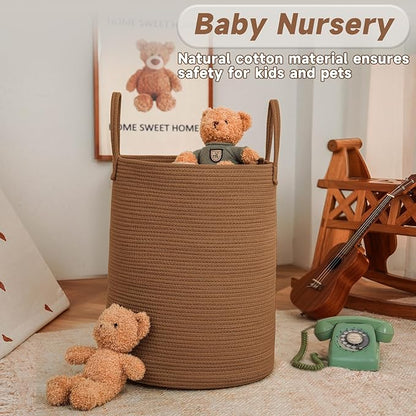 JMvicyroam Large Woven Laundry Basket Hamper,80L Cotton Rope Storage Bin for Blankets,Toys and Clothes,Decorative Tall Nursery Hamper for Living Room,Baby Nursery,Bathroom and Bedroom,Golden Jute