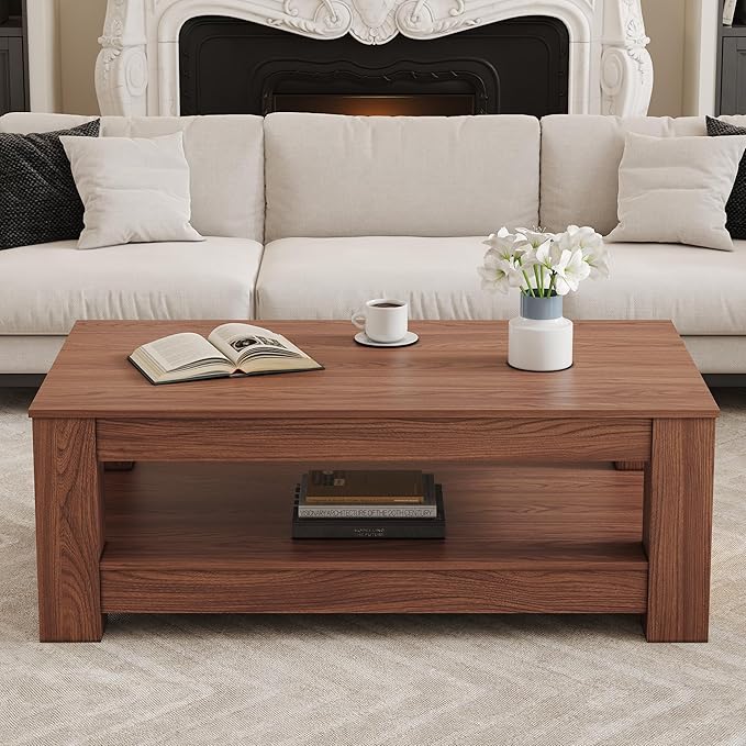 LKTART 43.3" Coffee Table with Storage, 2-Tier Mid Century Rectangular Accent Table with Thick Tabletop, Rustic Style Cocktail, Center Table for Living Room, Office, Apartment (Walnut)