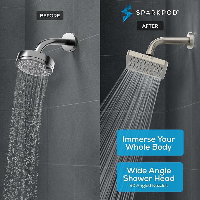 SparkPod Rain Shower Head, 8 Inch Square | High Pressure Shower Heads, 90 Nozzle (Touch-to-Clean), Adjustable Showerhead, No-tool Universal Connection