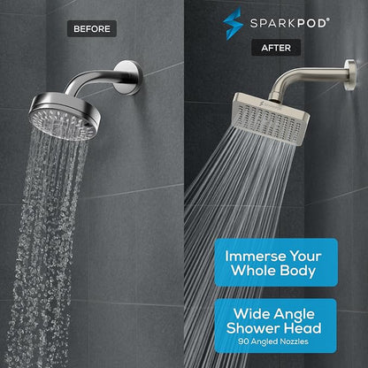 SparkPod Rain Shower Head, 8 Inch Square | High Pressure Shower Heads, 90 Nozzle (Touch-to-Clean), Adjustable Showerhead, No-tool Universal Connection
