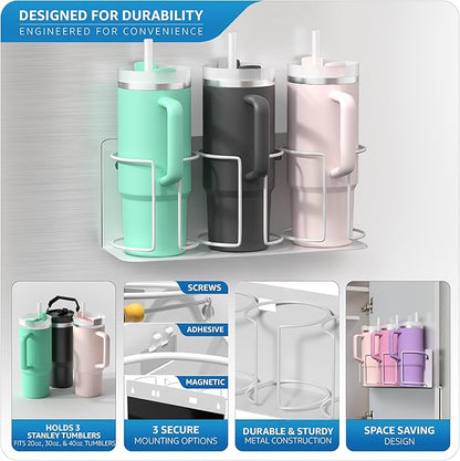 Sorbus Stanley Cup Organizer – 3-Cup Holder for Cabinet, Fridge, or Wall – Magnetic or Screw Mount – Stanley Storage Organizer for 20oz 30oz 40oz Cups, Tumblers, and Water Bottles (White 1-Pack)