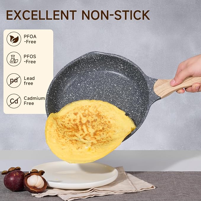 JEETEE 11 Inch Nonstick Frying Pan, Stone Coating Cookware, Nonstick Omelette Pan with Heat-Resistant Handle, Compatible with All Stoves (Grey)