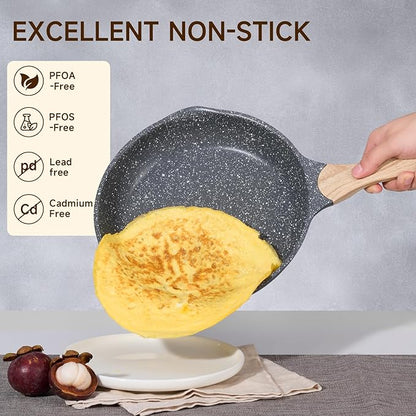 JEETEE 11 Inch Nonstick Frying Pan, Stone Coating Cookware, Nonstick Omelette Pan with Heat-Resistant Handle, Compatible with All Stoves (Grey)