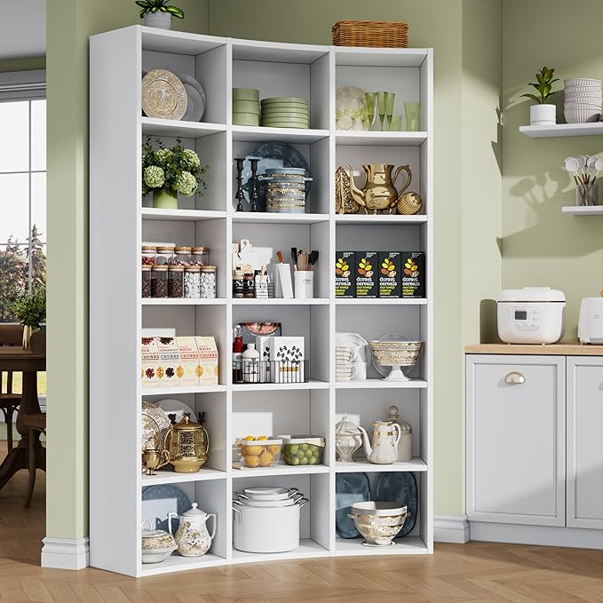 Semoic 71" Bookcase,Curved Bookshelf,Triple Width 6 Tier Bookcase with Storage Cabinet,Modern Tall Bookshelf with 18 Open Display Shelves, Floor Standing Book Shelf for Living Room,White