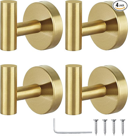 Towel Hooks Bathroom Coat Robe Hook Stainless Steel Heavy Duty Door Hanger Towel Robe Clothes Cabinet Wall for Bathroom Bedroom Kitchen Hotel Pool 4 Packs (Gold)
