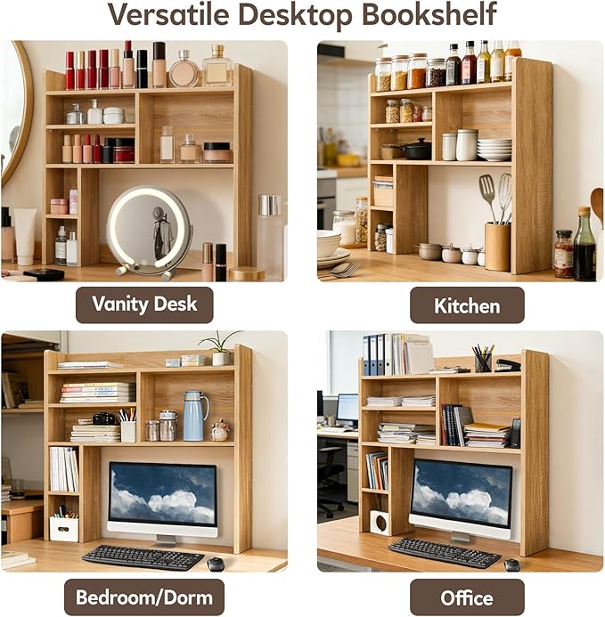 Desktop Bookshelf, Wooden Desk Hutch with 7 Shelves, 35.4" 3-Tier Desk Organizer and Storage Shelf for College Dorm Office Home (Natural)