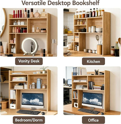 Desktop Bookshelf, Wooden Desk Hutch with 7 Shelves, 35.4" 3-Tier Desk Organizer and Storage Shelf for College Dorm Office Home (Natural)